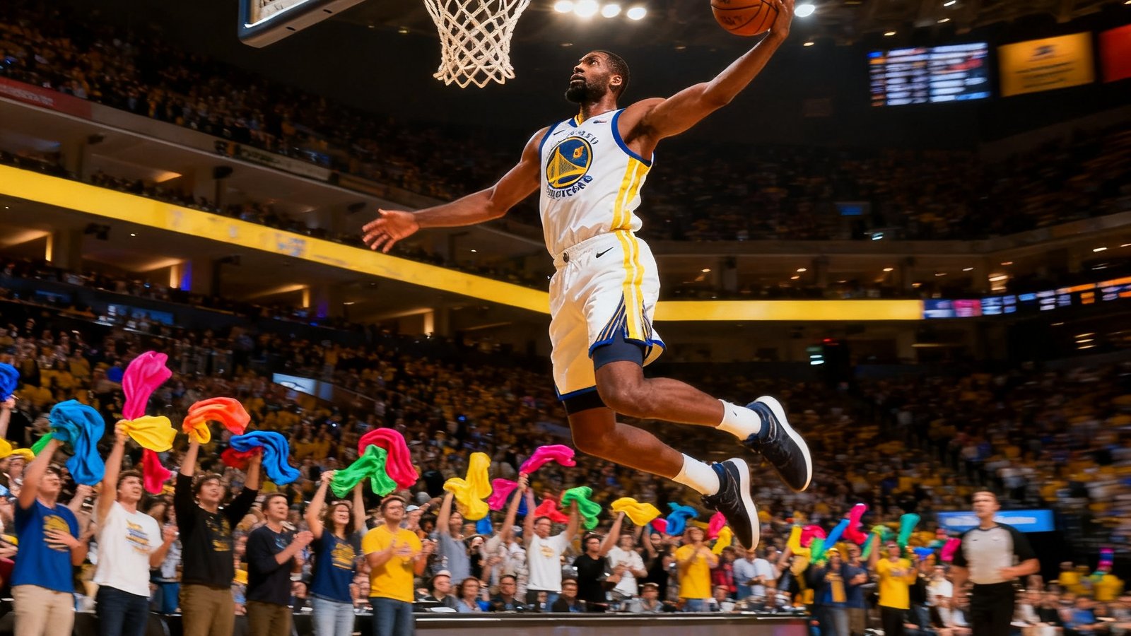 NBA季后赛直播画面，球员飞身扣篮瞬间，球馆内灯光璀璨，球迷挥舞毛巾欢呼。